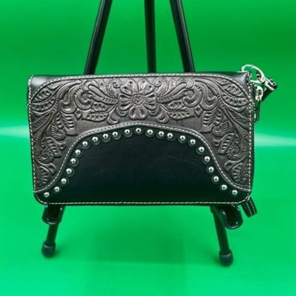 Montana West Wallet Women OS Black Tooled Floral Studded Wristlet